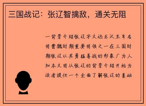 三国战记：张辽智擒敌，通关无阻